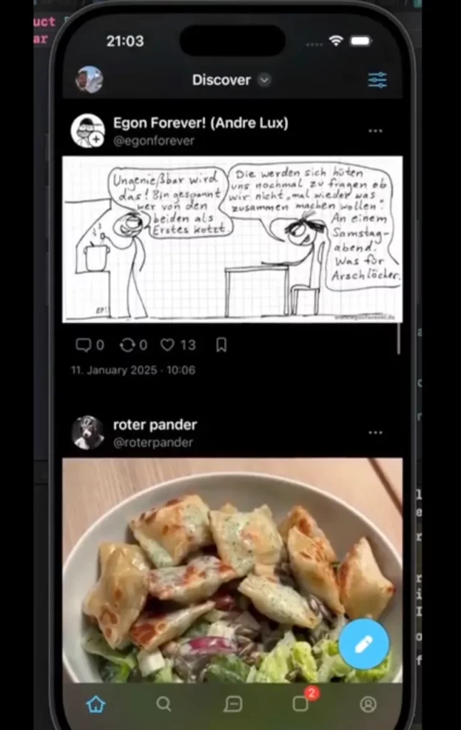 A captura de tela mostra a interface do aplicativo Flashes em um smartphone. No topo da tela, há a aba "Discover" com um ícone de filtro ao lado. A primeira postagem é de "Egon Forever! (Andre Lux)" (@egonforever) e contém uma ilustração em preto e branco com dois personagens conversando. O texto na ilustração está em alemão e diz: "Ungenießbar wird das! Bin gespannt wer von den beiden als Erstes kotzt" e "Die werden sich hüten uns nochmal zu fragen ob wir nicht mal wieder was zusammen machen wollen: An einem Samstagabend. Was für Arschlöcher." A postagem foi feita em 11 de janeiro de 2025 às 10:06. Abaixo desta postagem, há outra de "roter pander" (@roterpander) que mostra uma foto de um prato de comida, especificamente uma salada com pedaços de massa frita por cima. Créditos: Sebastian Vogelsang via TechCrunch