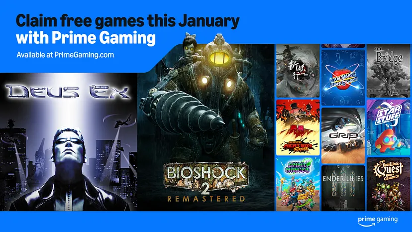 Imagem de uma promoção da Prime Gaming de janeiro de 2025. A imagem apresenta vários jogos gratuitos que podem ser resgatados, incluindo títulos populares como Deus Ex, BioShock 2 Remastered e The King of Fighters 2003, entre outros. Há também um link para o site PrimeGaming.com, onde os jogos podem ser resgatados. Créditos: Prime Gaming.
