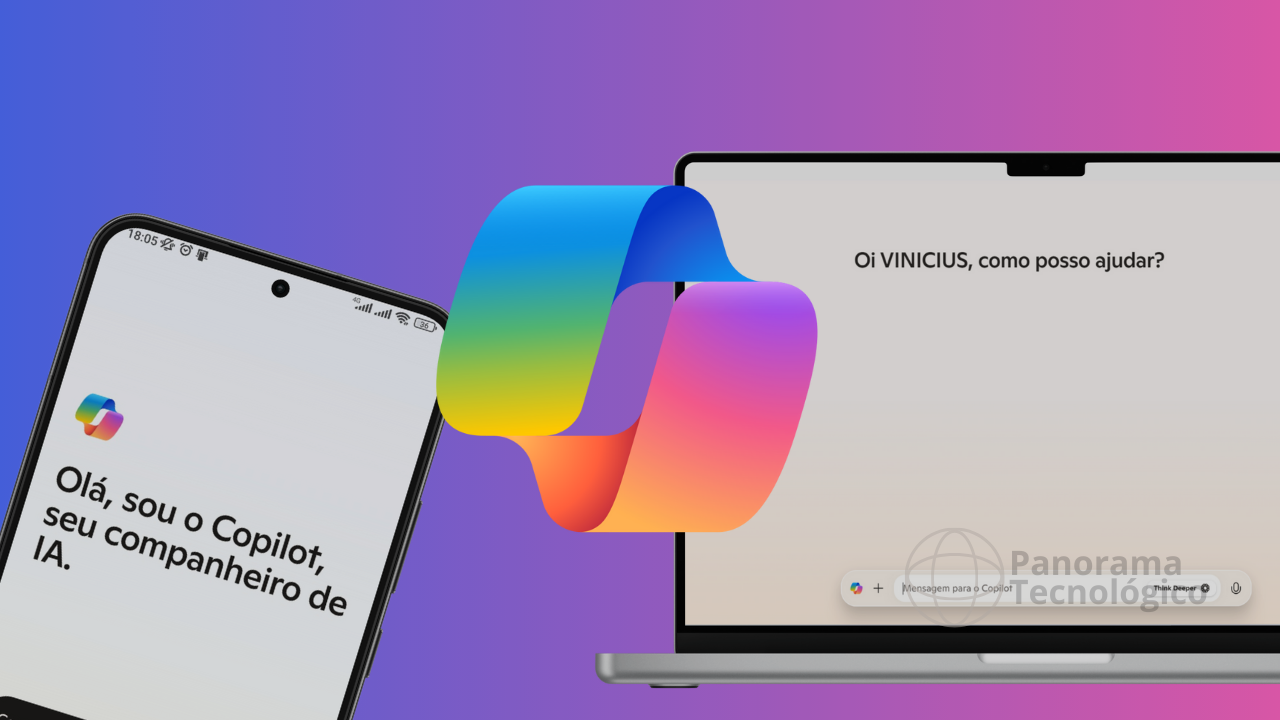 A imagem mostra dois dispositivos eletrônicos, um smartphone e um laptop, com uma interface de assistente de inteligência artificial chamada "Copilot". O smartphone, à esquerda, exibe a mensagem "Olá, sou o Copilot, seu companheiro de IA." O laptop, à direita, mostra a mensagem "Oi VINICIUS, como posso ajudar?" no topo da tela. Entre os dois dispositivos, há um logotipo colorido do Copilot. O fundo da imagem tem um gradiente de cores que vai do roxo ao rosa. No canto inferior direito da tela do laptop, há um logotipo com o texto "Panorama Tecnológico".