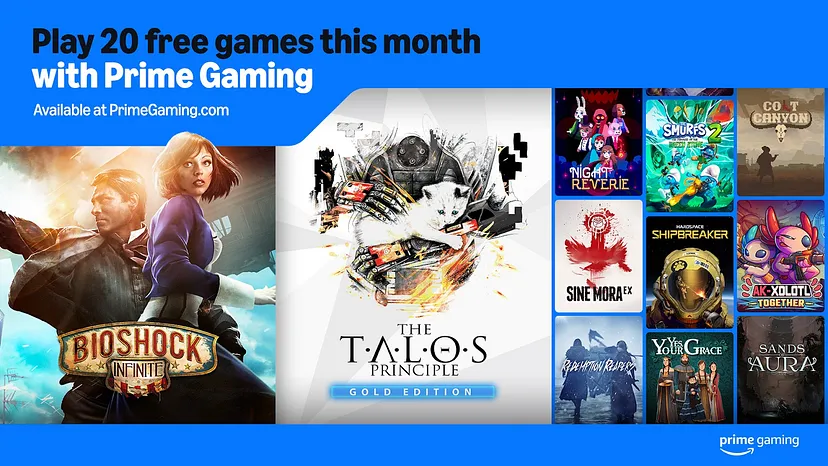 A imagem mostra uma promoção da Prime Gaming que oferece 20 jogos gratuitos este mês. No topo da imagem, há um texto que diz 'Play 20 free games this month with Prime Gaming' e 'Available at PrimeGaming.com'. Abaixo do texto, há uma seleção de capas de jogos, incluindo 'Bioshock Infinite', 'The Talos Principle Gold Edition', 'Night Reverie', 'The Smurfs 2', 'Co Canyon', 'Sine Mora EX', 'Hardspace Shipbreaker', 'AK-xolotl Together', 'Rain World', 'You Grace', e 'Sands of Aura'. Créditos: Prime Gaming