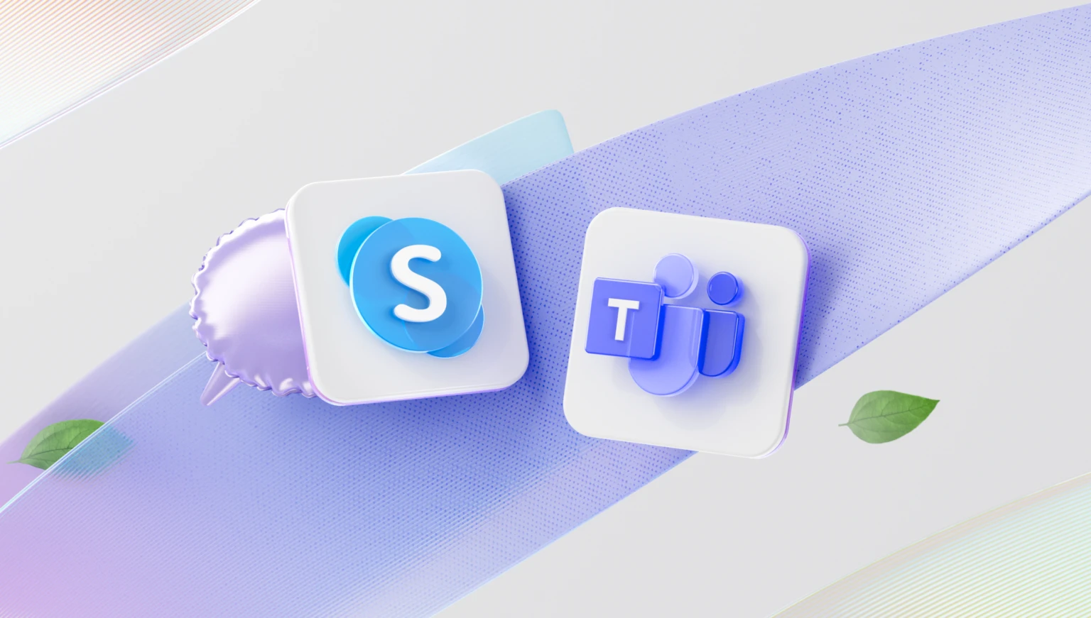 Dois ícones de aplicativos lado a lado em um fundo abstrato com tons de roxo e azul. O ícone à esquerda é do Skype, representado por um "S" branco em um fundo azul claro com bordas arredondadas. O ícone à direita é do Microsoft Teams, representado por um "T" branco em um fundo azul escuro com três formas circulares que lembram pessoas. Há elementos decorativos como folhas verdes e formas suaves ao redor dos ícones. Créditos: Microsoft divulgação.