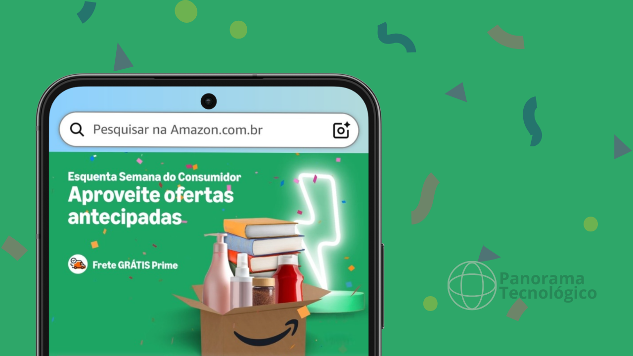Tela de um smartphone exibindo uma página do site Amazon.com.br.. A página promove um evento chamado 'Esquenta Semana do Consumidor', com textos como 'Aproveite ofertas antecipadas' e 'Frete GRÁTIS Prime.' A imagem apresenta uma caixa de papelão com o logotipo da Amazon, contendo diversos itens como livros, garrafas e potes. O fundo é verde com confetes e formas abstratas.