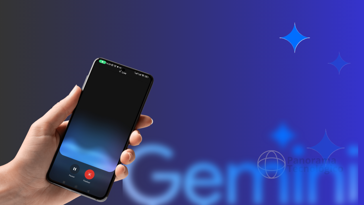 Uma mão segurando um smartphone, exibindo a interface do modo Live do Gemini com botões de pausa e encerrar. Ícones de bateria, Wi-Fi e sinal de celular aparecem no topo. O fundo da imagem é azul escuro com estrelas e os textos parcialmente visíveis 'Gemini' e 'Panorama Tecnológico'.