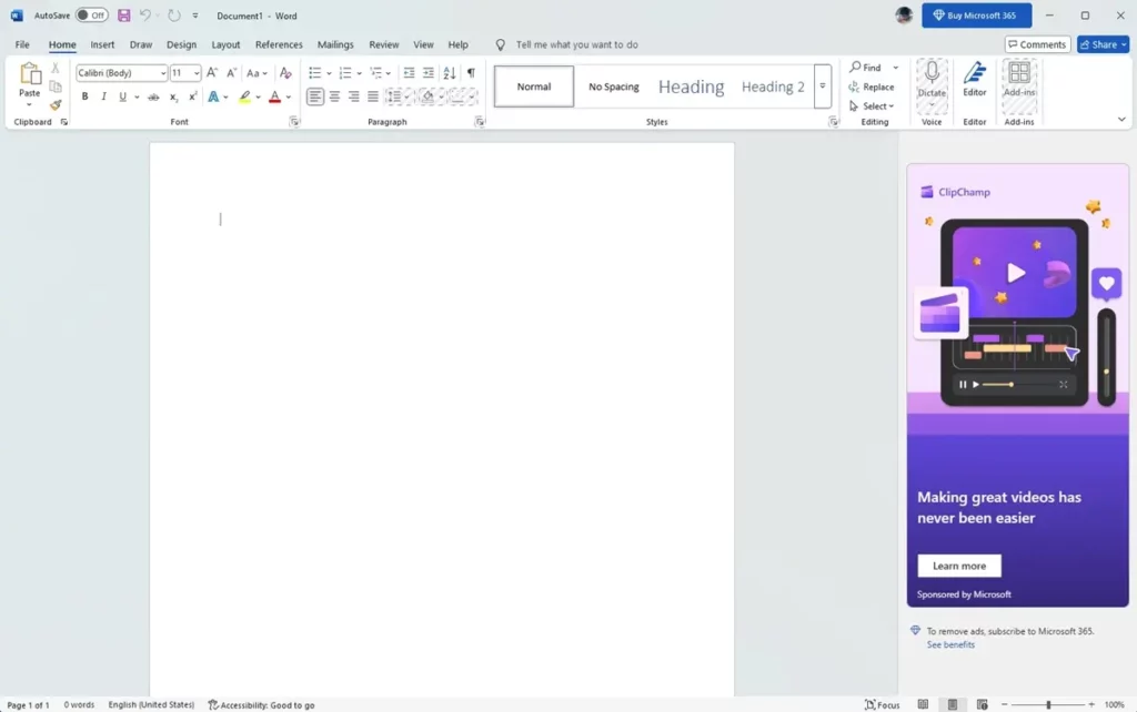 Captura de tela do Microsoft Word com um documento em branco aberto. No lado direito, há um anúncio do ClipChamp, um editor de vídeo, destacando uma interface de edição em tons de roxo e texto que diz 'Making great videos has never been easier'. Um botão 'Learn more' está visível, com uma nota no rodapé mencionando a remoção de anúncios com a assinatura do Microsoft 365. Créditos imagem: Beebom.