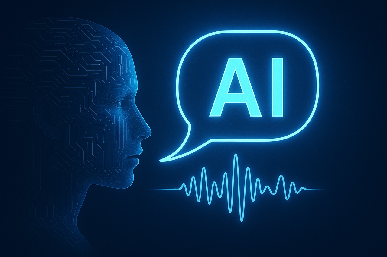 A imagem mostra um balão de fala com as letras 'AI' em destaque, iluminado em azul neon. Abaixo do balão de fala, há uma representação de uma onda sonora também em azul neon. O fundo da imagem é escuro, com um leve contorno de um perfil humano à esquerda, sugerindo a integração da inteligência artificial com a comunicação humana. Créditos: imagem criada com ChatGPT.