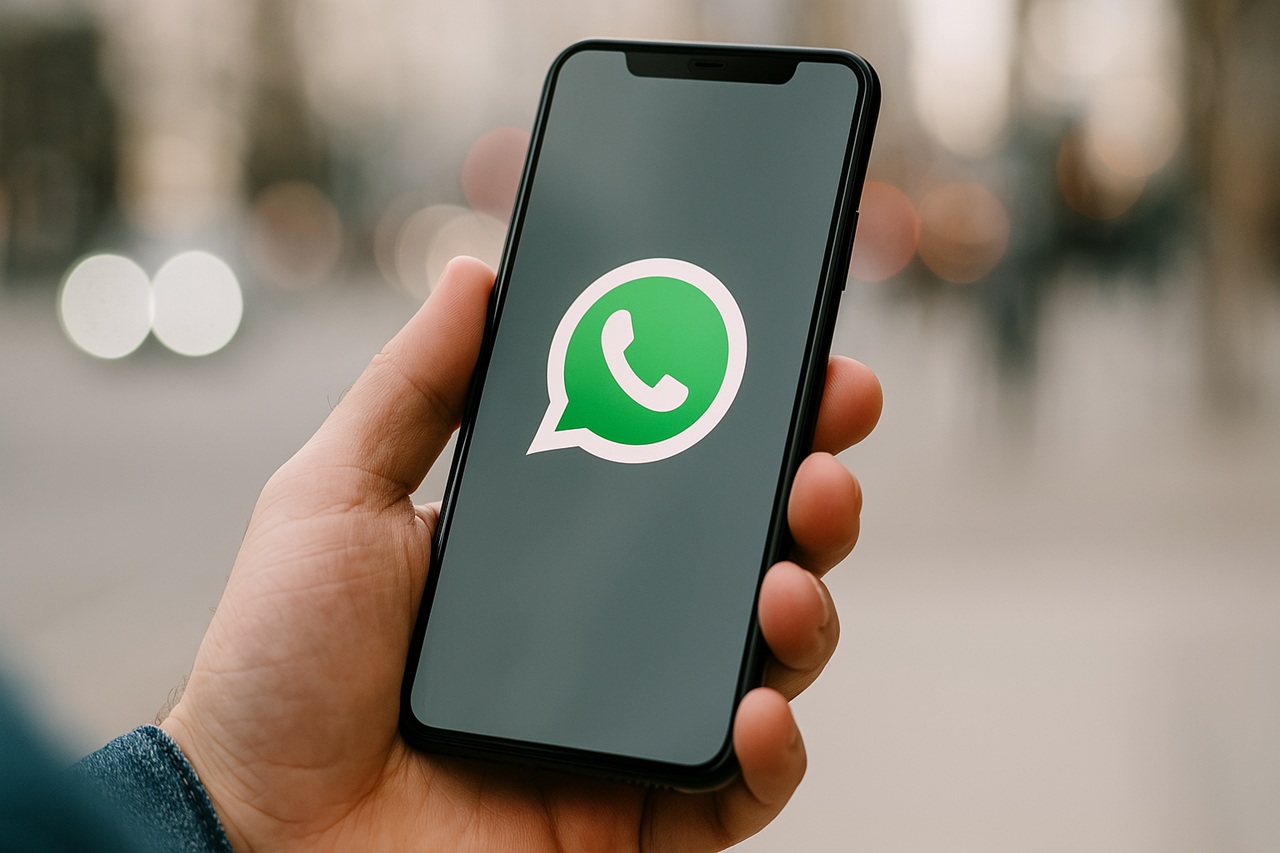 A imagem apresenta uma mão segurando um smartphone, cuja tela exibe o logotipo do WhatsApp. O ícone consiste em um balão de fala verde com um telefone branco dentro. O fundo está desfocado, realçando o smartphone e o logotipo. Créditos: imagem gerada no ChatGPT.