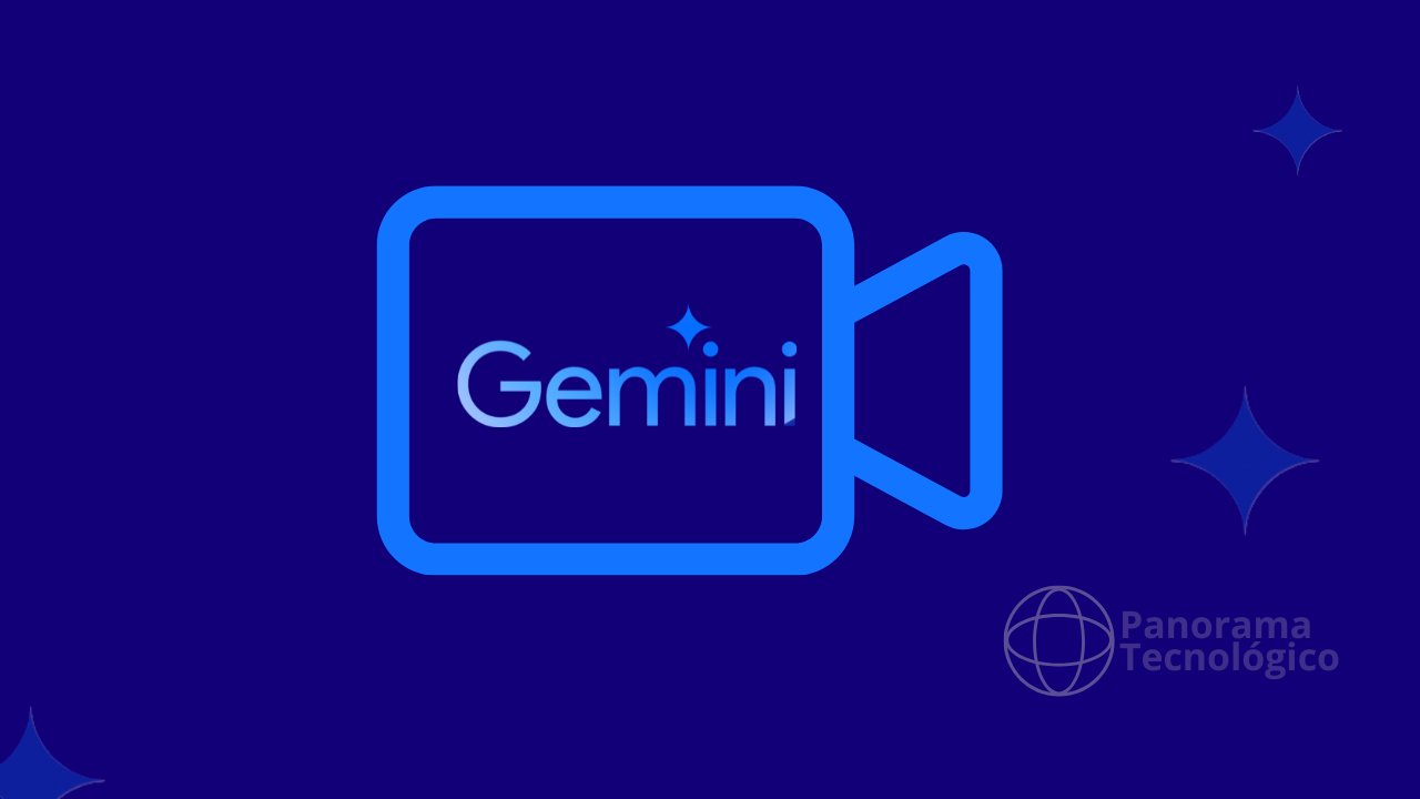 Logotipo com fundo azul escuro salpicado de pequenas estrelas azuis. No centro, um ícone azul de câmera de vídeo com a palavra \