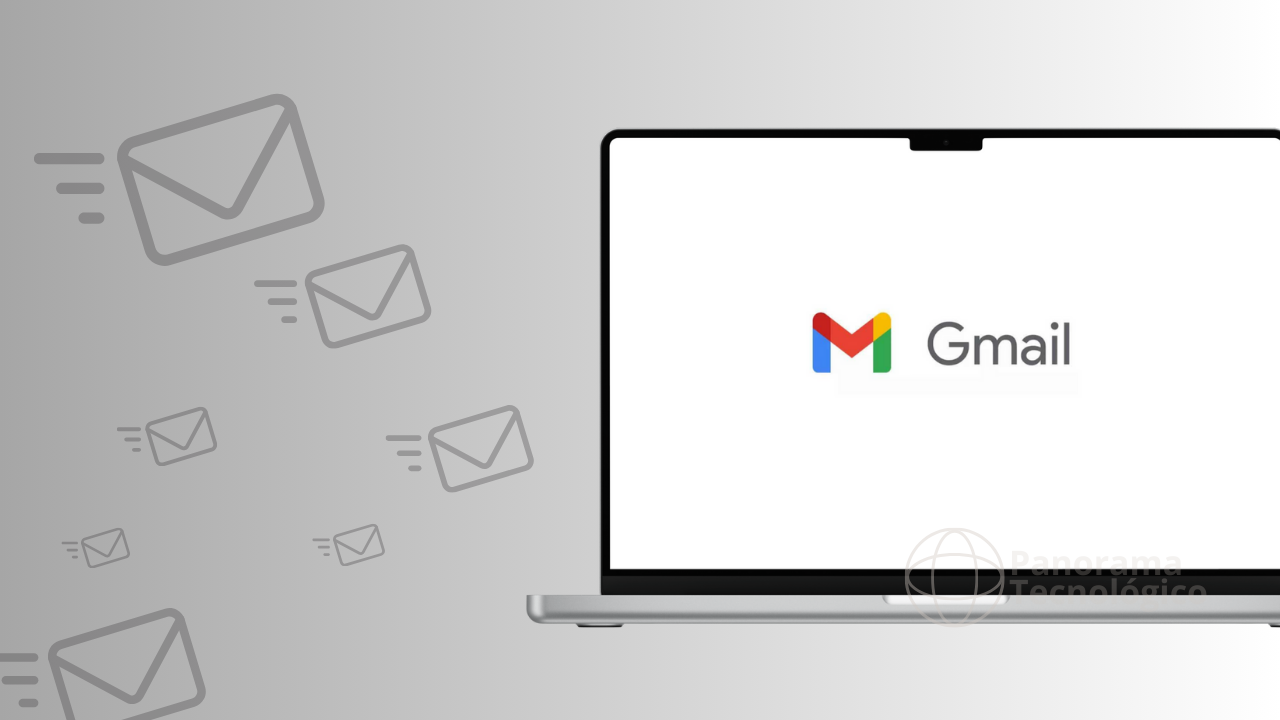 imagem mostra um laptop com a tela exibindo o logotipo do Gmail, que consiste em um 'M' estilizado com as cores azul, vermelho, amarelo e verde, seguido da palavra 'Gmail' em cinza. À esquerda do laptop, há várias ilustrações de envelopes cinza com linhas indicando movimento, sugerindo o envio ou recebimento de e-mails. No canto inferior direito, há um logotipo transparente com o texto 'Panorama Tecnológico'. Imagem: ilustração Panorama Tecnológico.