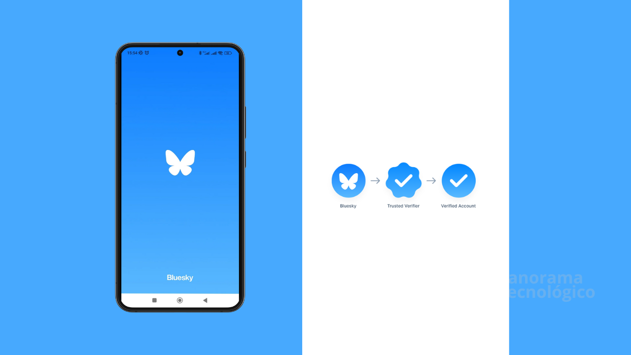Ilustração do processo de verificação de contas no Bluesky. A imagem mostra um smartphone exibindo a interface do aplicativo, ao lado de um diagrama explicativo que detalha como uma conta pode ser verificada, passando por um verificador confiável antes de alcançar o status de conta verificada. O design inclui setas e caixas de texto que representam o fluxo do processo de verificação.