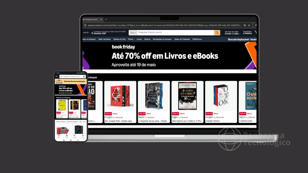 A imagem mostra um laptop e um smartphone exibindo a página de promoções de livros e eBooks da Amazon Brasil. O banner no laptop anuncia