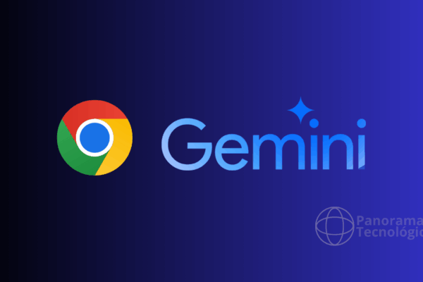 Google integra IA Gemini no Chrome para navegação inteligente O logotipo do Google Chrome aparece à esquerda, composto por um círculo dividido em quatro partes coloridas (vermelho, verde, amarelo e azul) com um círculo azul no centro. À direita, está a palavra 'Gemini' em letras azuis, com um pequeno brilho em forma de estrela sobre a letra 'i'. No canto inferior direito, há um logotipo de um globo com a inscrição 'Panorama Tecnológico'. O fundo da imagem tem um efeito gradiente, indo do preto à esquerda para um azul escuro à direita.