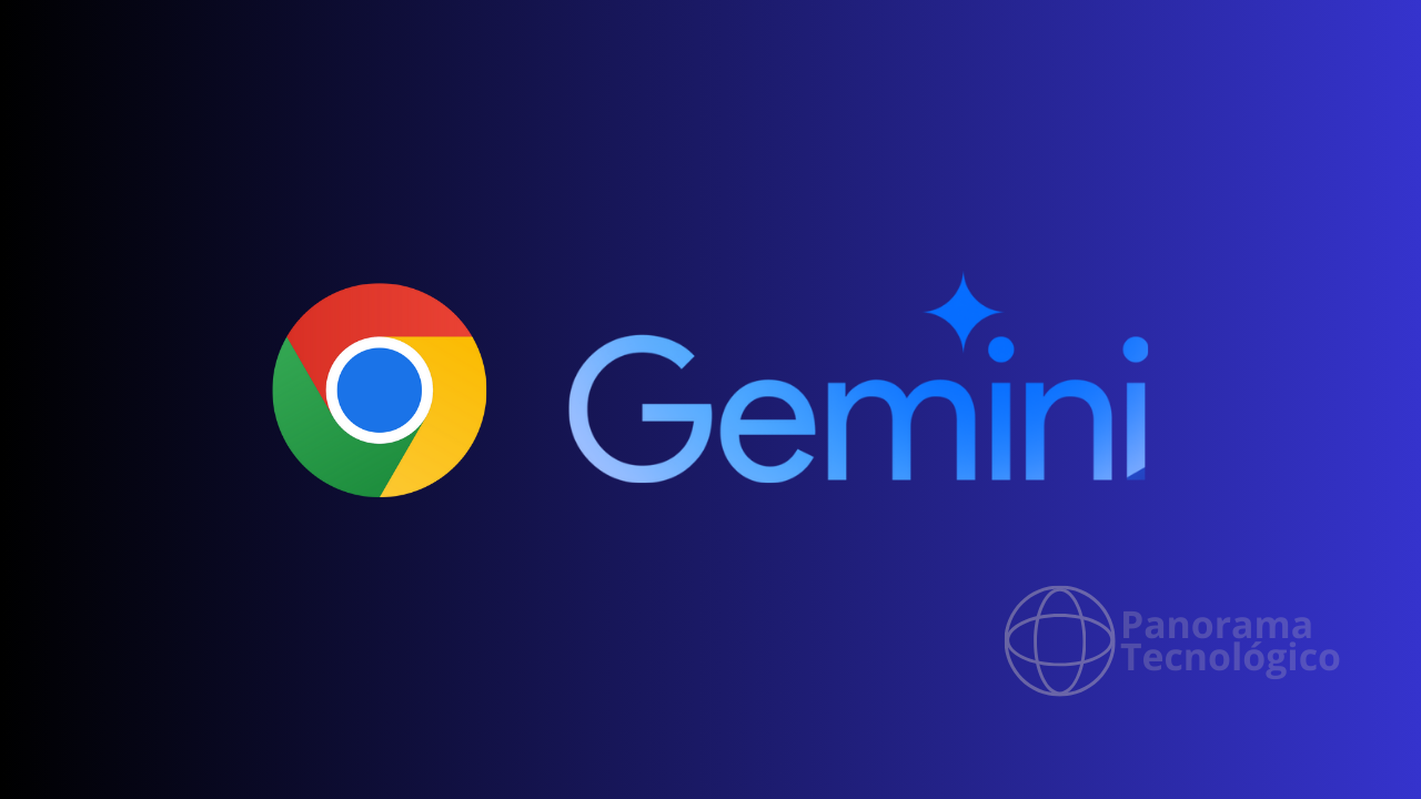 O logotipo do Google Chrome aparece à esquerda, composto por um círculo dividido em quatro partes coloridas (vermelho, verde, amarelo e azul) com um círculo azul no centro. À direita, está a palavra 'Gemini' em letras azuis, com um pequeno brilho em forma de estrela sobre a letra 'i'. No canto inferior direito, há um logotipo de um globo com a inscrição 'Panorama Tecnológico'. O fundo da imagem tem um efeito gradiente, indo do preto à esquerda para um azul escuro à direita.