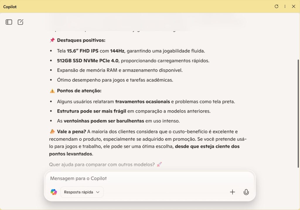 Captura de tela da janela do Copilot exibindo uma análise de um laptop. O texto destaca pontos positivos como tela de 15.6