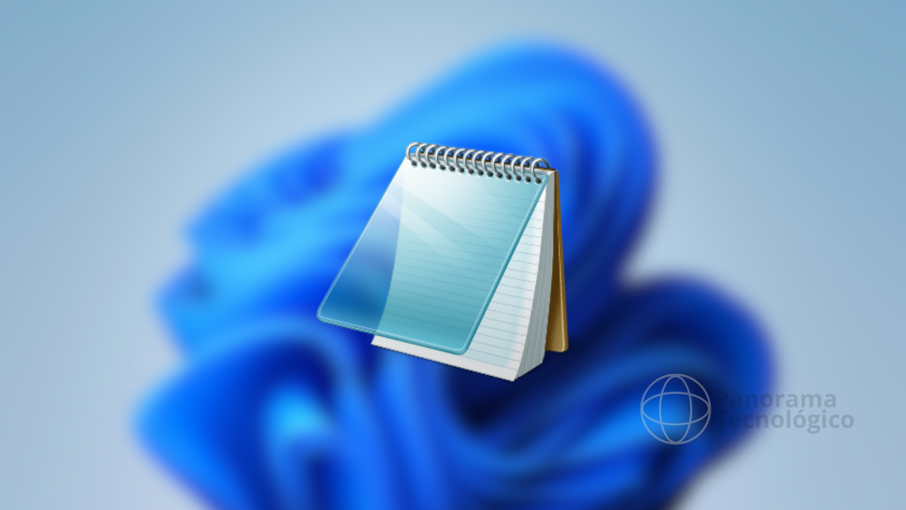 Bloco de notas espiral com capa transparente azul sobre o papel de parede desfocado do Windows 11. O fundo é abstrato azul, com logotipo de globo e texto 