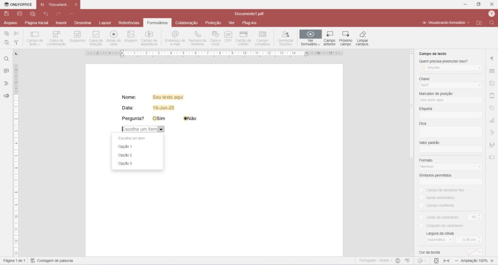 A imagem mostra um print da interface do criador de formulários em PDF do OnlyOffice. Nele estão presentes caixas de texto, botões, seletor de datas e seletor de opções em um formulário em branco. A barra de ferramentas exibe diversos controles para criação de formulários. Créditos: OnlyOffice reprodução.