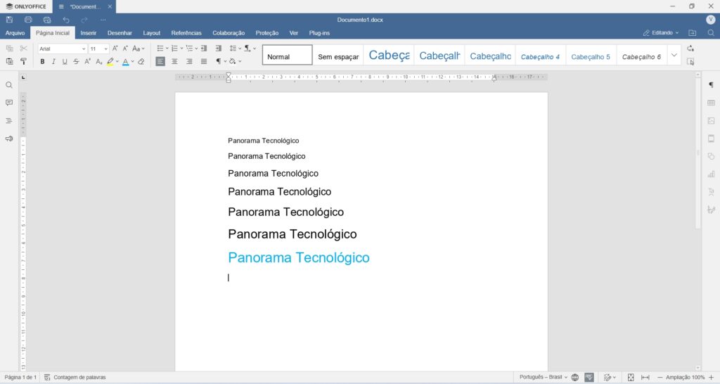 Captura de tela do editor de texto OnlyOffice exibindo um documento chamado 'Documento1.docx'. O documento contém múltiplas ocorrências do texto 'Panorama Tecnológico' em diferentes tamanhos e estilos de fonte. A interface do editor apresenta opções de formatação como tipo de fonte, tamanho, cor e alinhamento. A barra de ferramentas superior inclui abas como 'Arquivo', 'Página Inicial', 'Inserir', 'Desenhar', 'Layout', 'Referências', 'Colaboração', 'Proteção', 'Ver' e 'Plug-ins'. A aba 'Página Inicial' está ativa. No lado direito, há opções de cabeçalho numeradas de 1 a 6. No rodapé, são exibidas informações como contagem de palavras e o idioma selecionado ('Português - Brasil').
Créditos: OnlyOffice reprodução