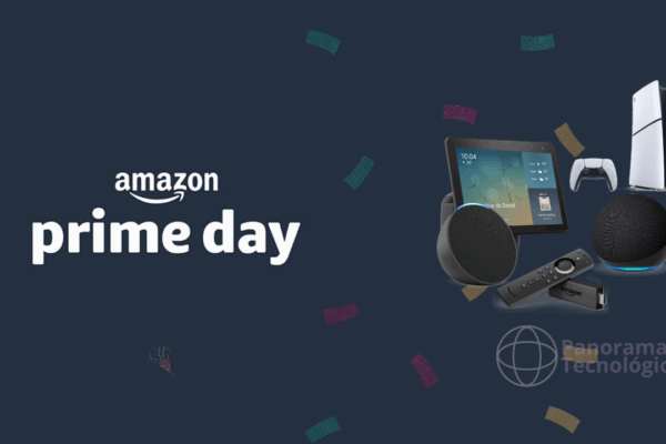 Amazon anuncia datas do Prime Day 2025 Imagem promocional do Amazon Prime Day com fundo azul escuro decorado com confetes coloridos. À esquerda, o texto “amazon prime day” em letras brancas. À direita, há diversos dispositivos eletrônicos: console PlayStation 5 com controle, Echo Show exibindo horário e clima, dois alto-falantes Echo, controle remoto Fire TV e dispositivo Fire TV Stick. No canto inferior direito, aparece o logotipo “Panorama Tecnológico”