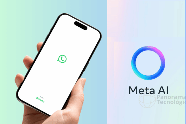 WhatsApp agora resume suas mensagens não lidas com IA Mão segurando um smartphone com a tela exibindo o logotipo do WhatsApp sobre fundo branco. Abaixo do logotipo, aparece o texto “from Meta”. À direita do celular, há um logotipo circular colorido com as palavras “Meta AI” e “Panorama Tecnológico” abaixo dele. O fundo é um degradê suave em tons de verde e azul.