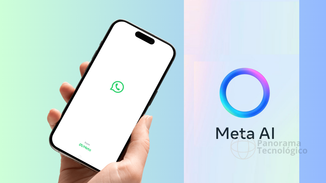 Mão segurando um smartphone com a tela exibindo o logotipo do WhatsApp sobre fundo branco. Abaixo do logotipo, aparece o texto “from Meta”. À direita do celular, há um logotipo circular colorido com as palavras “Meta AI” e “Panorama Tecnológico” abaixo dele. O fundo é um degradê suave em tons de verde e azul.