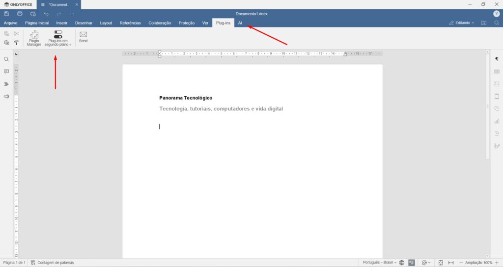 Print da tela do OnlyOffice mostrando a o botão de Plugins em segundo plano. Créditos: Panorama Tecnológico.