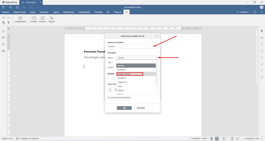 Print da tela do OnlyOffice mostrando a janela de configuração de API de IA´s. Créditos: Panorama Tecnológico.