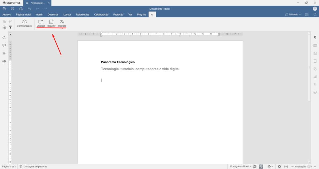 Print da tela do OnlyOffice mostrando a botões de IA. Créditos: Panorama Tecnológico.