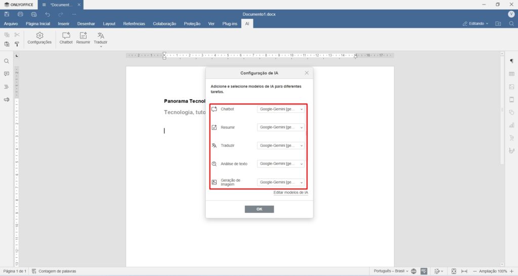 Print da tela do OnlyOffice mostrando a janela de seleção de modelos de IA. Créditos: Panorama Tecnológico.