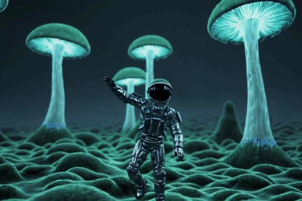 Microsoft lança Criador de Vídeo do Bing de graça Um astronauta em um traje espacial futurista explora um ambiente alienígena misterioso. Ao seu redor, enormes cogumelos bioluminescentes emitem uma luz azulada, iluminando a paisagem surreal. O solo parece coberto por uma vegetação ondulada e brilhante, criando uma atmosfera fantástica e desconhecida. Créditos: Microsoft Bing.