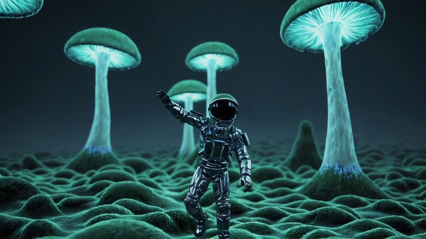 Um astronauta em um traje espacial futurista explora um ambiente alienígena misterioso. Ao seu redor, enormes cogumelos bioluminescentes emitem uma luz azulada, iluminando a paisagem surreal. O solo parece coberto por uma vegetação ondulada e brilhante, criando uma atmosfera fantástica e desconhecida. Créditos: Microsoft Bing.