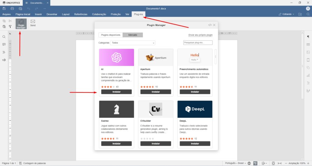 Print da tela do OnlyOffice mostrando a lista de plugins disponíveis. Créditos: Panorama Tecnológico.