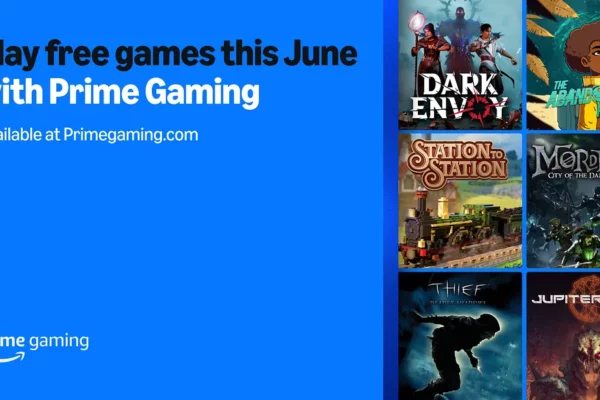 Prime Gaming de junho traz Thief: Deadly Shadows e mais Uma promoção da Prime Gaming destaca jogos gratuitos disponíveis em junho. Do lado esquerdo, um fundo azul apresenta os textos: "Play free games this June with Prime Gaming" e "Available at Primegaming.com", com o logotipo da Prime Gaming no canto inferior esquerdo. No lado direito, seis capas de jogos são exibidas: "Dark Envoy", "The Abandoned Planet", "Station to Station", "Mordheim: City of the Damned", "Thief: Deadly Shadows" e "Jupiter Hell". Créditos: Prime Gaming.