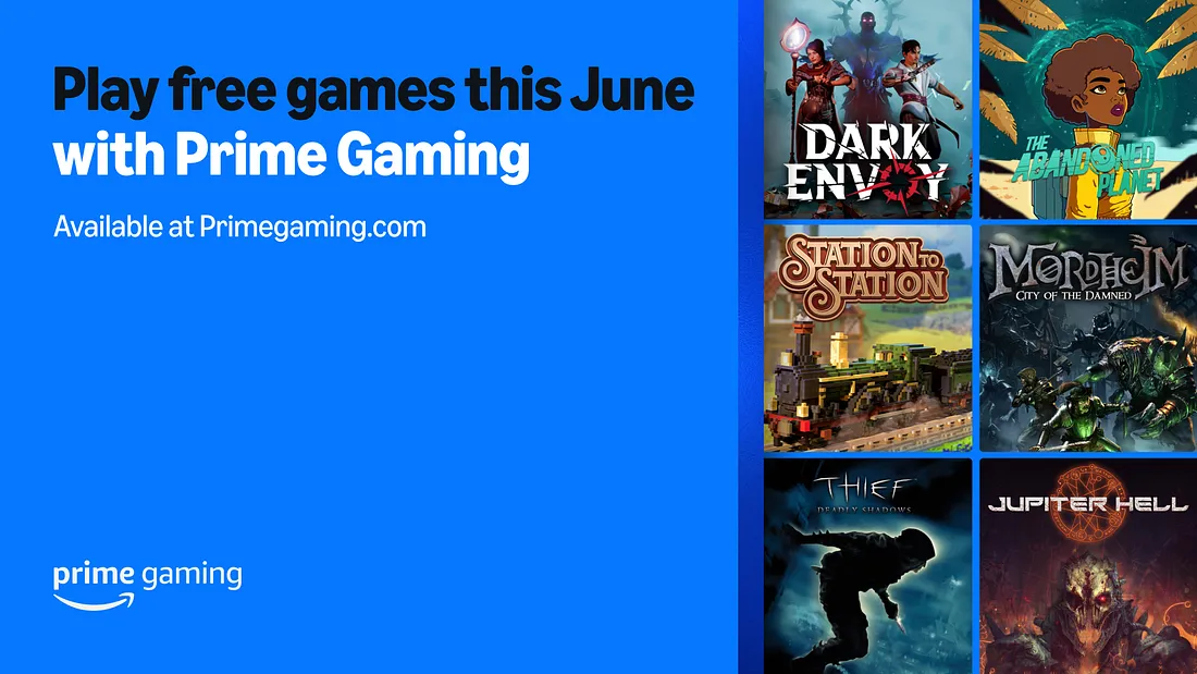 Uma promoção da Prime Gaming destaca jogos gratuitos disponíveis em junho. Do lado esquerdo, um fundo azul apresenta os textos: "Play free games this June with Prime Gaming" e "Available at Primegaming.com", com o logotipo da Prime Gaming no canto inferior esquerdo. No lado direito, seis capas de jogos são exibidas: "Dark Envoy", "The Abandoned Planet", "Station to Station", "Mordheim: City of the Damned", "Thief: Deadly Shadows" e "Jupiter Hell". Créditos: Prime Gaming.