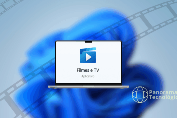 Microsoft encerra loja de filmes e TV no Xbox e Windows Imagem de um laptop exibindo a tela inicial do aplicativo ‘Filmes e TV’, com fundo azul decorado por um padrão de filme cinematográfico. No canto inferior direito aparece o logotipo ‘Panorama Tecnológico’. A interface destaca o texto 'Filmes e TV' e 'Aplicativo', indicando foco em entretenimento digital.