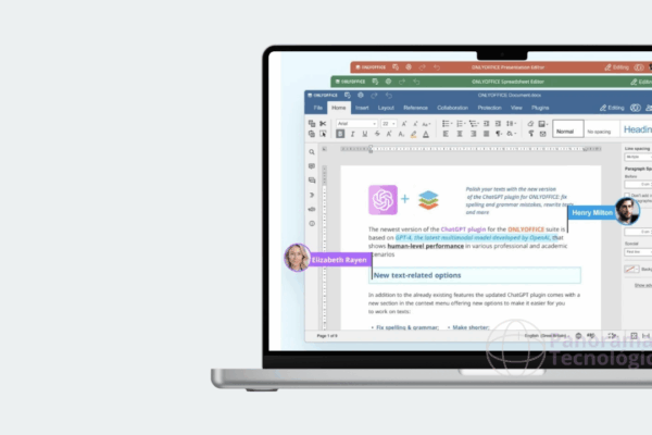 Conheça o OnlyOffice, uma ótima alternativa ao Microsoft Office ela de um laptop com interface clara exibindo o editor de documentos ONLYOFFICE, com o modo escuro ativado. O documento aberto apresenta texto sobre o plugin do ChatGPT baseado no GPT-4, destacando funcionalidades como correção gramatical, reformulação de frases e sugestões de escrita. No topo da interface, há uma barra de colaboração mostrando os avatares de Elizabeth Rayen e Henry Milton, indicando edição simultânea. A lateral esquerda mostra ícones de navegação como “Arquivo”, “Editar” e “Exibir”, enquanto o lado direito exibe opções relacionadas ao plugin, como sugestão de texto e correção inteligente. O fundo da tela do laptop está desfocado, com tons escuros predominantes, enfatizando o conteúdo em primeiro plano.