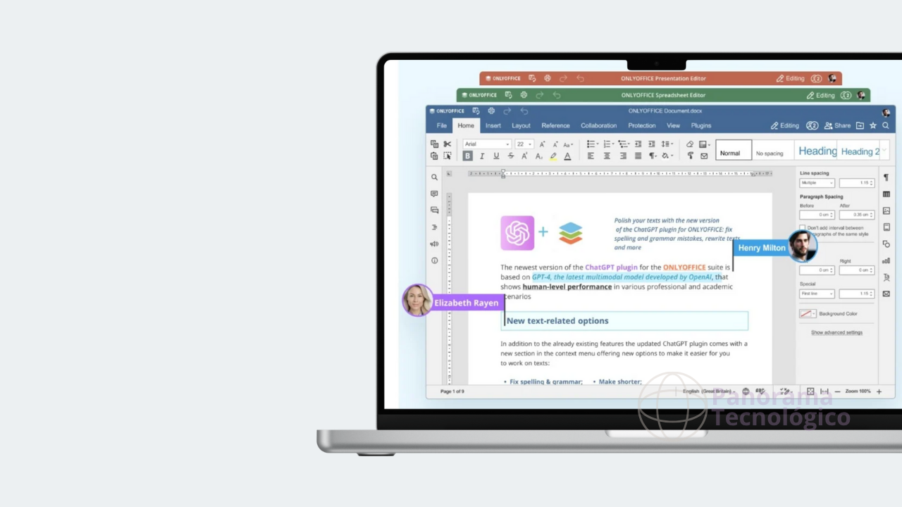 ela de um laptop com interface clara exibindo o editor de documentos ONLYOFFICE, com o modo escuro ativado. O documento aberto apresenta texto sobre o plugin do ChatGPT baseado no GPT-4, destacando funcionalidades como correção gramatical, reformulação de frases e sugestões de escrita. No topo da interface, há uma barra de colaboração mostrando os avatares de Elizabeth Rayen e Henry Milton, indicando edição simultânea. A lateral esquerda mostra ícones de navegação como “Arquivo”, “Editar” e “Exibir”, enquanto o lado direito exibe opções relacionadas ao plugin, como sugestão de texto e correção inteligente. O fundo da tela do laptop está desfocado, com tons escuros predominantes, enfatizando o conteúdo em primeiro plano.