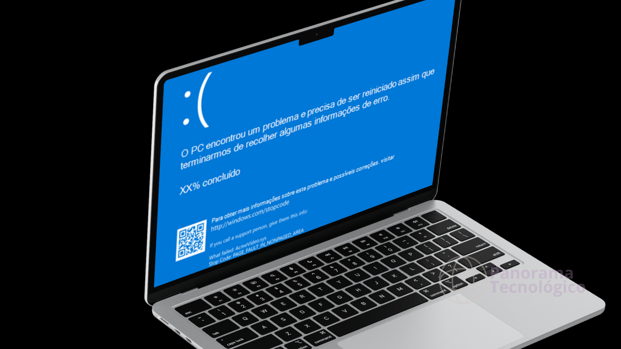 Imagem de um laptop exibindo a 'tela azul da morte' (BSOD) do Windows em português. A mensagem informa que o PC encontrou um problema e será reiniciado após coletar informações do erro. Um código QR aparece no canto inferior esquerdo, com um link para mais detalhes sobre o problema. A tela também inclui uma mensagem em inglês com dados técnicos, incluindo o erro 'PAGE FAULT IN NONPAGED AREA' e a falha relacionada ao arquivo 'AcmeVideo.sys