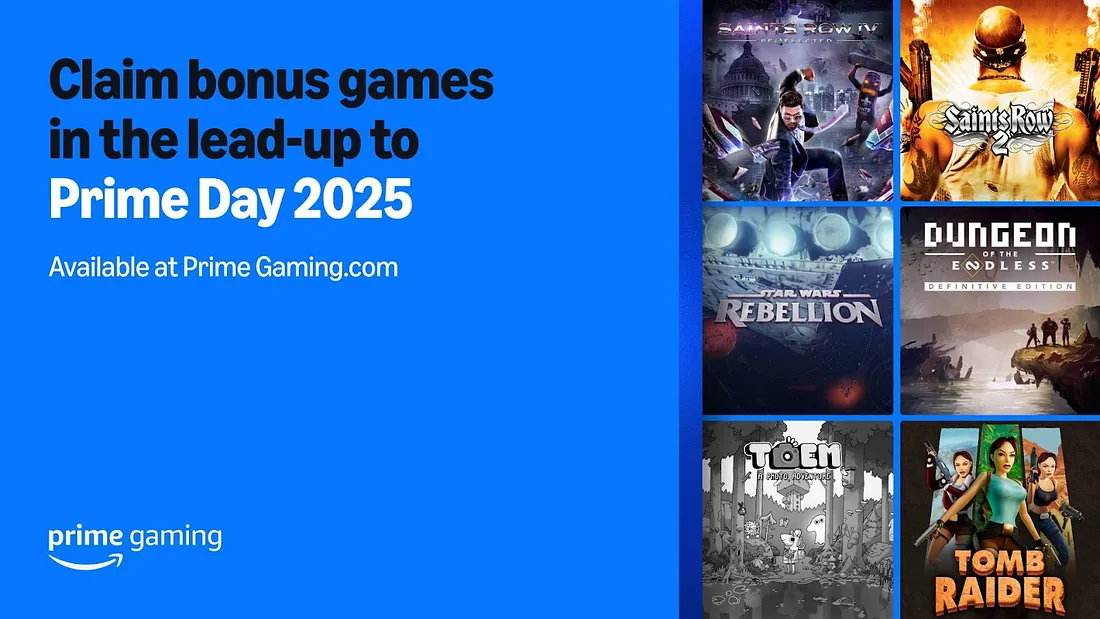 Banner de divulgação dos jogos do Prime Gaming de julho de 2025. A imagem traz um fundo azul com um recorte lateral mostrando as capas de alguns títulos. Créditos: Prime Graming divulgação.