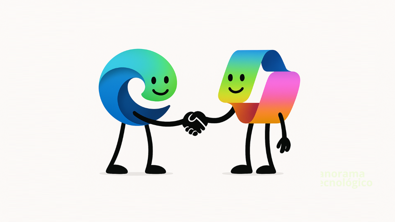 Veja como funciona o Copilot Mode do Microsoft Edge Ilustração estilizada dos logotipos do Microsoft Edge e do Microsoft Office com aparência humanizada. O logotipo do Edge, em tons de azul e verde, e o do Office, com cores vibrantes como azul, verde, amarelo e rosa, aparecem com braços e pernas pretos, dando um aperto de mão amigável. A imagem transmite a ideia de colaboração entre os dois produtos. No canto inferior direito, lê-se o texto “panorama tecnológico”.
