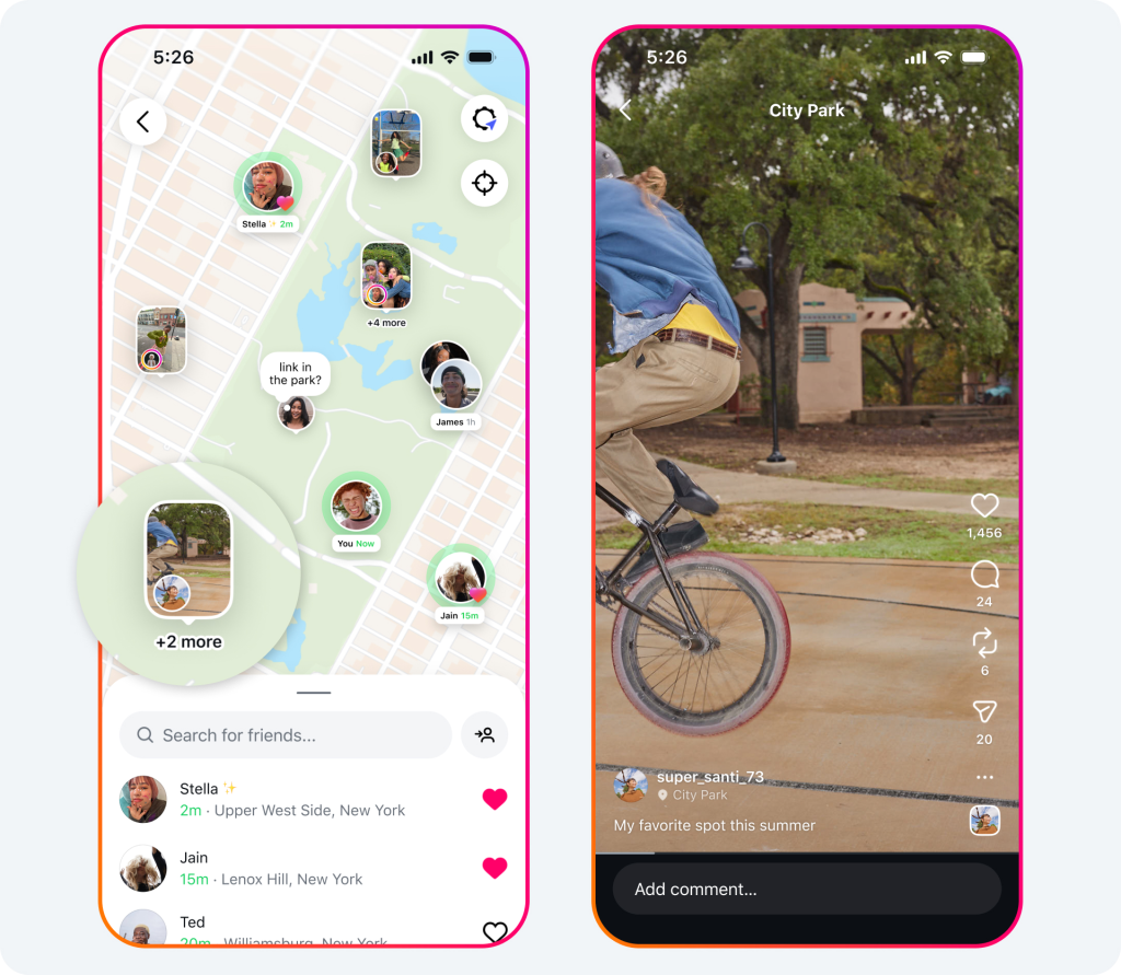 Duas telas do aplicativo do Instagram. A primeira mostra um mapa com a localização de amigos, incluindo fotos de perfil e nomes como Stella, Jain, James e Ted, além de uma barra de pesquisa e lista de localizações recentes. A segunda exibe um vídeo de um ciclista fazendo manobras em um parque chamado "City Park", postado por "super.santi_73" com a legenda "My favorite spot this summer", acompanhado de ícones de interação como curtir, comentar e compartilhar. Créditos: Meta/Divulgação.