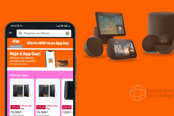 Últimas horas do App Day Amazon 2025: corra que ainda dá tempo Imagem promocional de tecnologia com ofertas exclusivas de um aplicativo de compras. À esquerda, tela de smartphone exibe o app com o banner 'Oferta WAP só no App Day' e produtos com descontos, como smartphones e acessórios. À direita, dispositivos inteligentes da linha Amazon Echo, incluindo Echo Dot e Echo Show, são exibidos sobre fundo laranja, com telas mostrando previsão do tempo e o filme 'Jack Ryan.