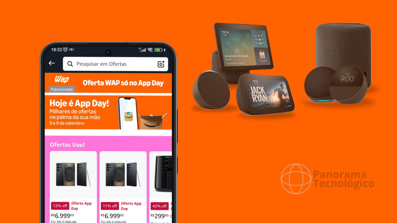 Imagem promocional de tecnologia com ofertas exclusivas de um aplicativo de compras. À esquerda, tela de smartphone exibe o app com o banner 'Oferta WAP só no App Day' e produtos com descontos, como smartphones e acessórios. À direita, dispositivos inteligentes da linha Amazon Echo, incluindo Echo Dot e Echo Show, são exibidos sobre fundo laranja, com telas mostrando previsão do tempo e o filme 'Jack Ryan.