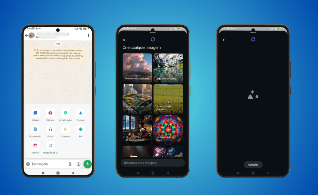 Imagem composta por três telas de smartphone lado a lado, ilustrando o uso da função Imagens de IA. A primeira tela mostra a interface do WhatsApp com opções de compartilhamento como galeria, documento, câmera, contato, localização, áudio e Pix, além de uma mensagem sobre criptografia de ponta a ponta. A segunda exibe uma plataforma de geração de imagens com o título