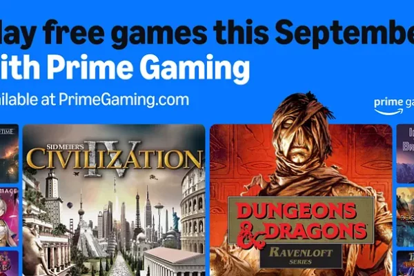 Prime Gaming de setembro traz Dungeos & Dragons e mais Banner promocional da Prime Gaming anunciando os jogos gratuitos disponíveis em setembro. No topo, há os textos “Play free games this September with Prime Gaming” e “Available at PrimeGaming.com”, acompanhados do logotipo da Prime Gaming. A imagem exibe as capas de diversos jogos, incluindo “Sid Meier's Civilization IV”, “Dungeons & Dragons: Ravenloft Series”, “Into the Breach”, “Castle on the Coast”, “Word of the Law: Death Mask Collector's Edition”, “Defend the Rook”, “We. The Revolution”, “Aerial_Knight's Never Yield”, “Freshly Frosted”, “Summertime Madness” e “SteamWorld Dig 2”. Créditos: Prime Gaming.