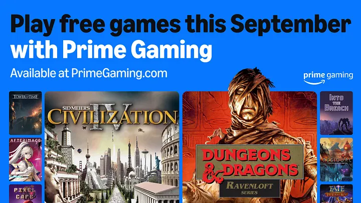 Banner promocional da Prime Gaming anunciando os jogos gratuitos disponíveis em setembro. No topo, há os textos “Play free games this September with Prime Gaming” e “Available at PrimeGaming.com”, acompanhados do logotipo da Prime Gaming. A imagem exibe as capas de diversos jogos, incluindo “Sid Meier's Civilization IV”, “Dungeons & Dragons: Ravenloft Series”, “Into the Breach”, “Castle on the Coast”, “Word of the Law: Death Mask Collector's Edition”, “Defend the Rook”, “We. The Revolution”, “Aerial_Knight's Never Yield”, “Freshly Frosted”, “Summertime Madness” e “SteamWorld Dig 2”. Créditos: Prime Gaming.