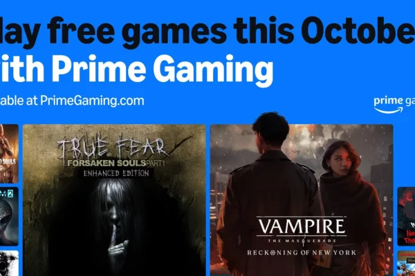 Veja os jogos gratuitos de outubro do Prime Gaming Banner promocional da Prime Gaming com fundo azul, destacando os jogos gratuitos disponíveis em outubro. Inclui os títulos "True Fear: Forsaken Souls Part 1 - Enhanced Edition", "Vampire: The Masquerade – Reckoning of New York", "Tomb Raider: Game of the Year Edition", "XCOM 2", entre outros. A imagem apresenta capas dos jogos com estilos variados, indo do terror ao ação e estratégia. Texto principal: "Jogue jogos grátis neste outubro com Prime Gaming". Créditos: Prime Gaming.