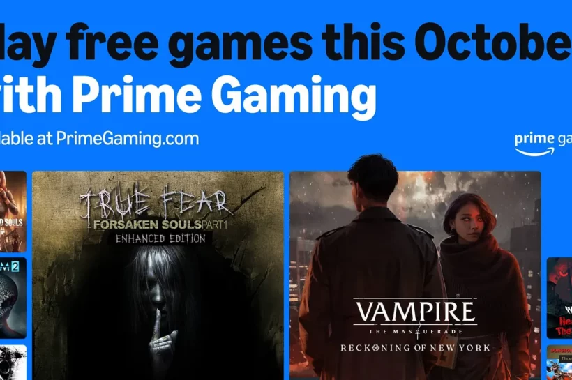Banner promocional da Prime Gaming com fundo azul, destacando os jogos gratuitos disponíveis em outubro. Inclui os títulos "True Fear: Forsaken Souls Part 1 - Enhanced Edition", "Vampire: The Masquerade – Reckoning of New York", "Tomb Raider: Game of the Year Edition", "XCOM 2", entre outros. A imagem apresenta capas dos jogos com estilos variados, indo do terror ao ação e estratégia. Texto principal: "Jogue jogos grátis neste outubro com Prime Gaming". Créditos: Prime Gaming.
