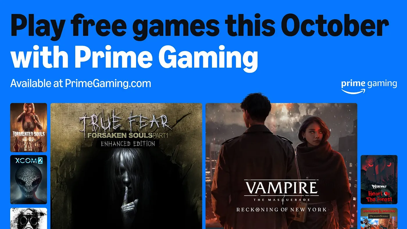 Banner promocional da Prime Gaming com fundo azul, destacando os jogos gratuitos disponíveis em outubro. Inclui os títulos "True Fear: Forsaken Souls Part 1 - Enhanced Edition", "Vampire: The Masquerade – Reckoning of New York", "Tomb Raider: Game of the Year Edition", "XCOM 2", entre outros. A imagem apresenta capas dos jogos com estilos variados, indo do terror ao ação e estratégia. Texto principal: "Jogue jogos grátis neste outubro com Prime Gaming". Créditos: Prime Gaming.