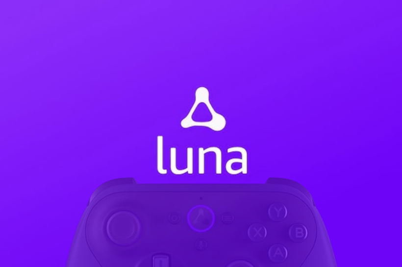 Logo do serviço Amazon Luna sobre fundo roxo, com símbolo triangular branco acima da palavra 'luna' e parte superior de um controle de videogame visível na parte inferior, indicando relação com jogos eletrônicos.