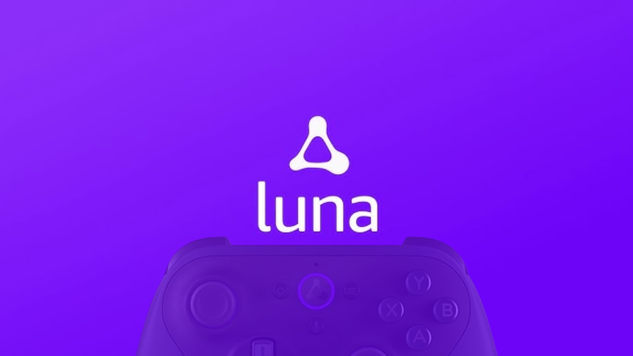Logo do serviço Amazon Luna sobre fundo roxo, com símbolo triangular branco acima da palavra 'luna' e parte superior de um controle de videogame visível na parte inferior, indicando relação com jogos eletrônicos.