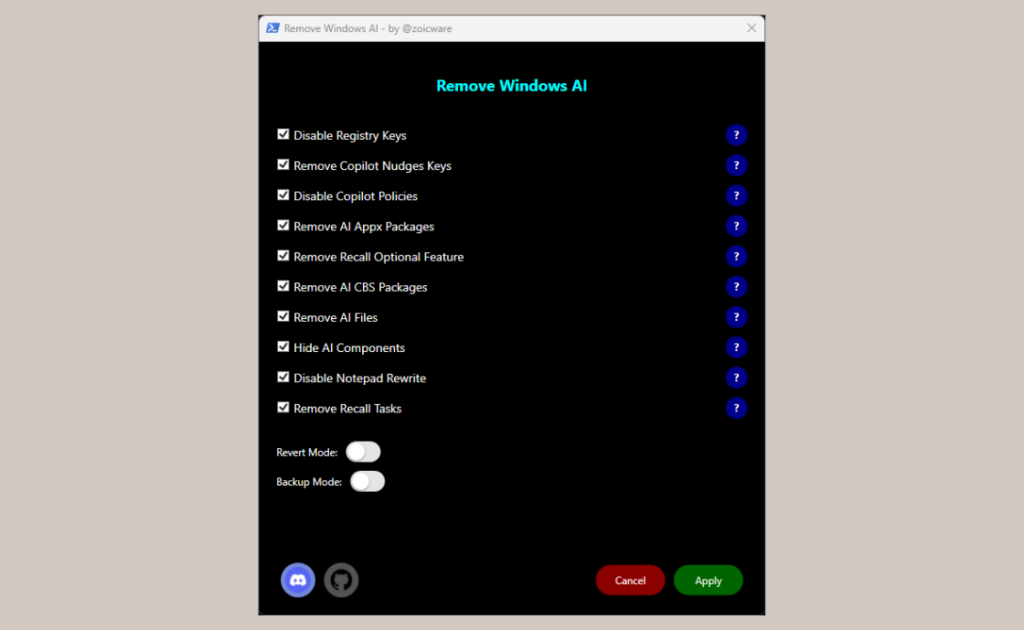 Interface do software 'Remove Windows AI - by @zoicware' com fundo preto e texto azul e branco, exibindo uma lista de opções marcadas para desativar ou remover recursos de IA do Windows, como pacotes Appx, tarefas do Recall, políticas do Copilot e arquivos de IA. Botões de 'Cancelar' e 'Aplicar' estão na parte inferior, junto com ícones do Discord e GitHub.